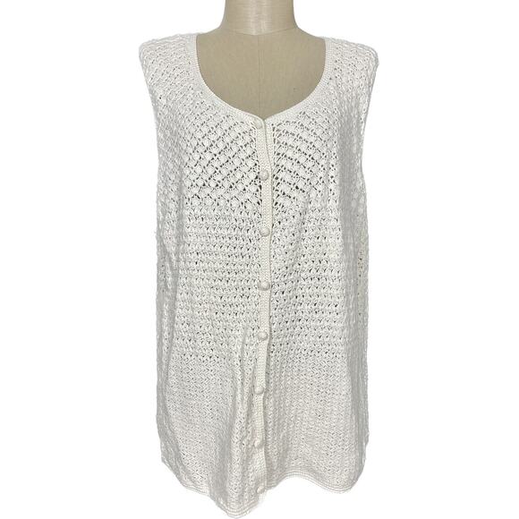 Vintage Liz Claiborne Crochet Ivory Knit Sweater Vest Button Front Size Large - Picture 1 of 4